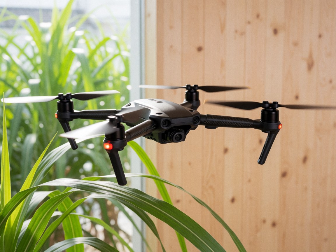 Close-up view of a drone with spinning propellers flying above green sugarcane leaves with light wood wall in background