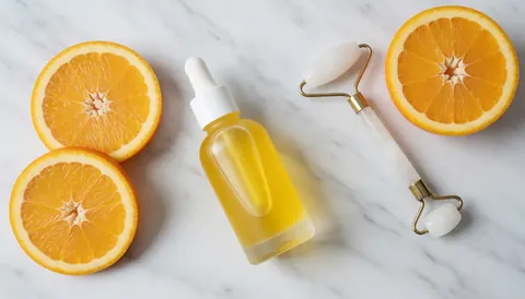 Vitamin C serum bottle, jade roller, and orange slices arranged on a white marble surface for facial cleansing business