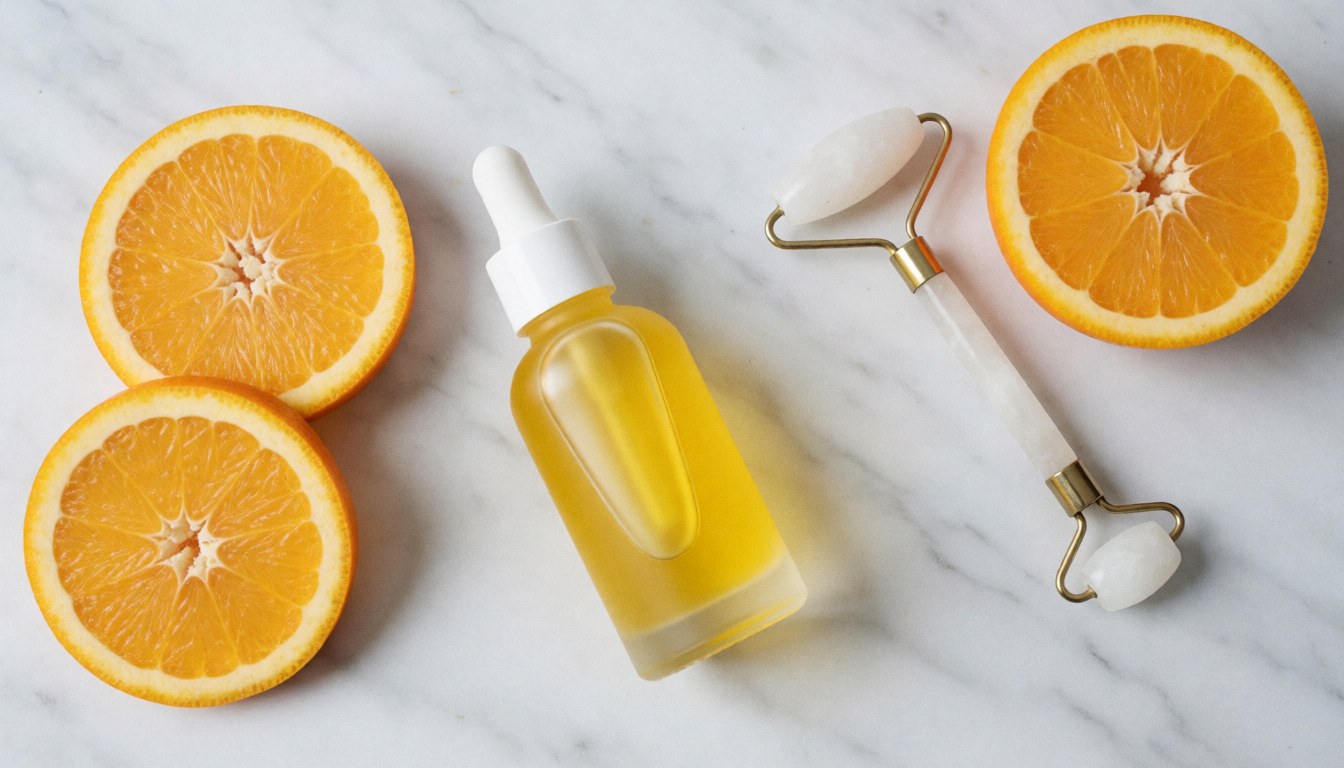 Vitamin C serum bottle, jade roller, and orange slices arranged on a white marble surface for facial cleansing business
