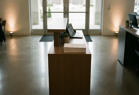 Modern wooden reception desk with polished floor and warm lighting at an event entrance