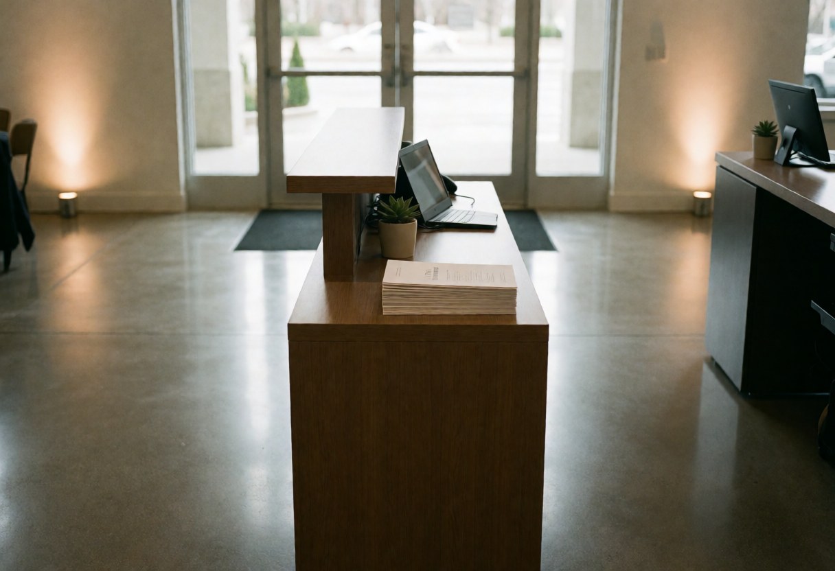 Modern wooden reception desk with polished floor and warm lighting at an event entrance