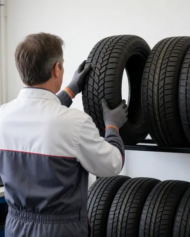 Mechanic wearing gloves placing a tire on a shelf in a tire repair shop with tools visible and a white wall background