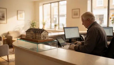 Man working on a computer at a reception desk with an architectural model in a glass display case near a window.