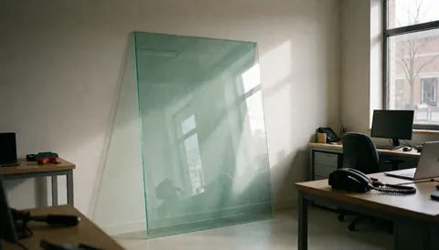 Laminated glass panel with green edge in a window repair workshop with natural light and neutral walls