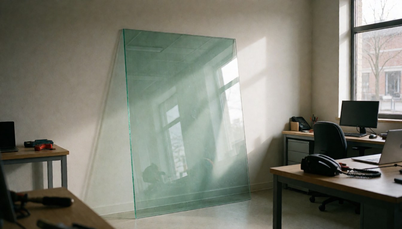 Laminated glass panel with green edge in a window repair workshop with natural light and neutral walls