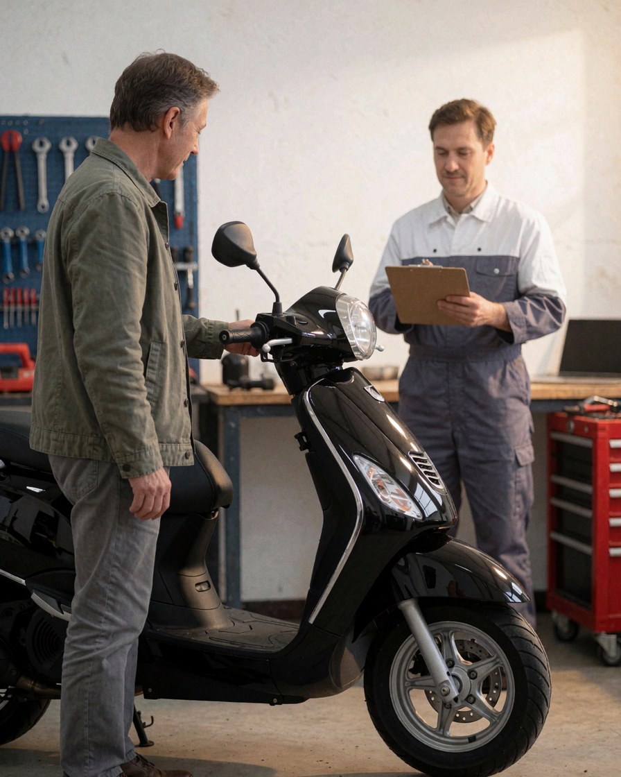 Satisfied client examines a shiny black scooter in a motorcycle repair shop with a mechanic taking notes nearby