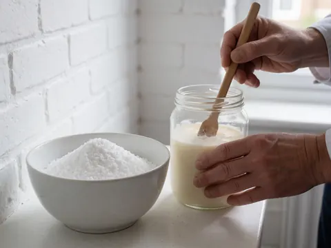 Close-up of hands mixing coconut soap and baking soda in a bowl against a white brick wall with natural light