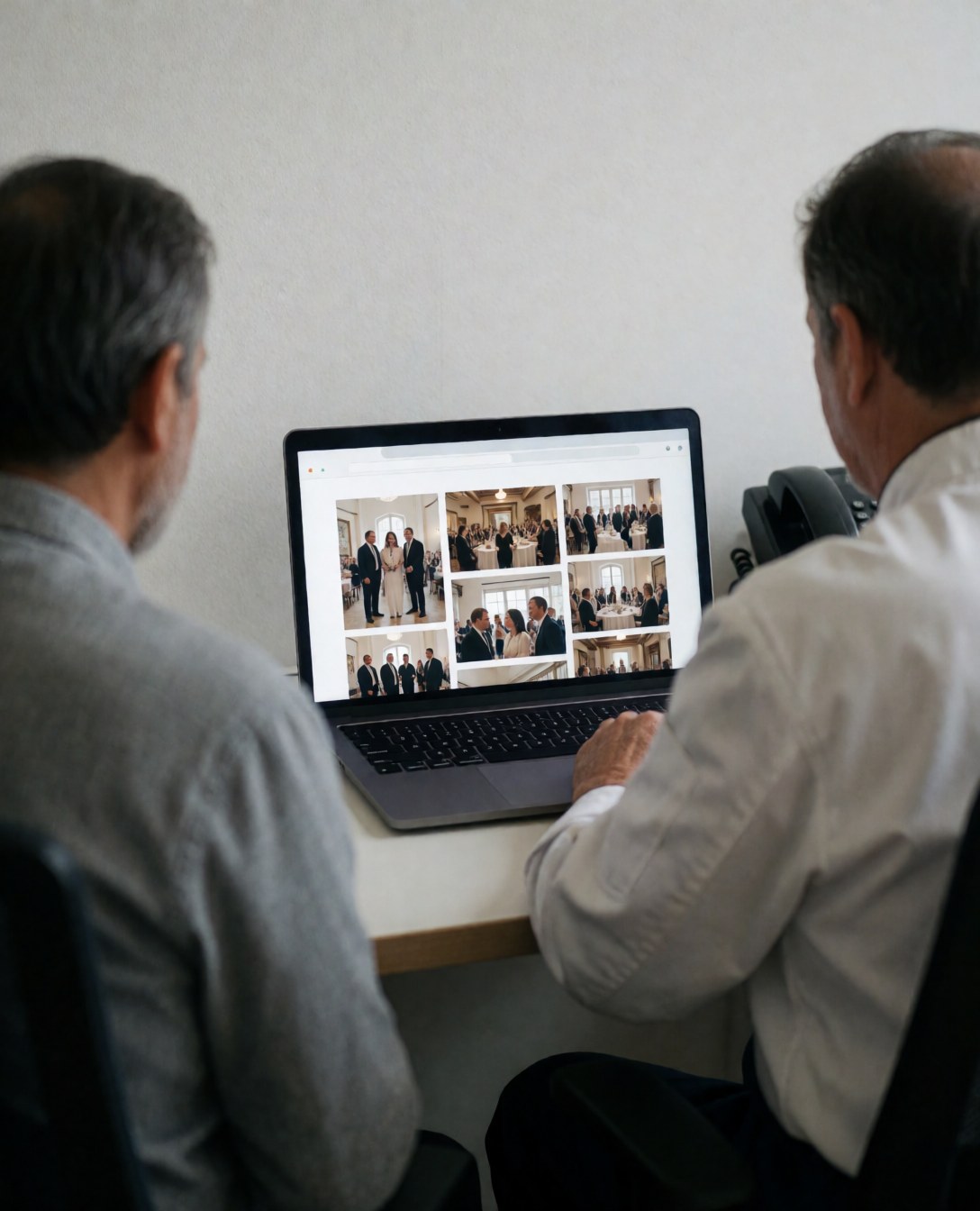 Two men review an event photo gallery on a laptop in a clean office setting, conveying professional satisfaction and service quality.