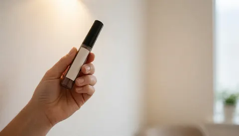 Close-up of a hand holding a cosmetic tube with a blank white label against a white wall, providing copy space for beauty product branding and eyelash extension services.
