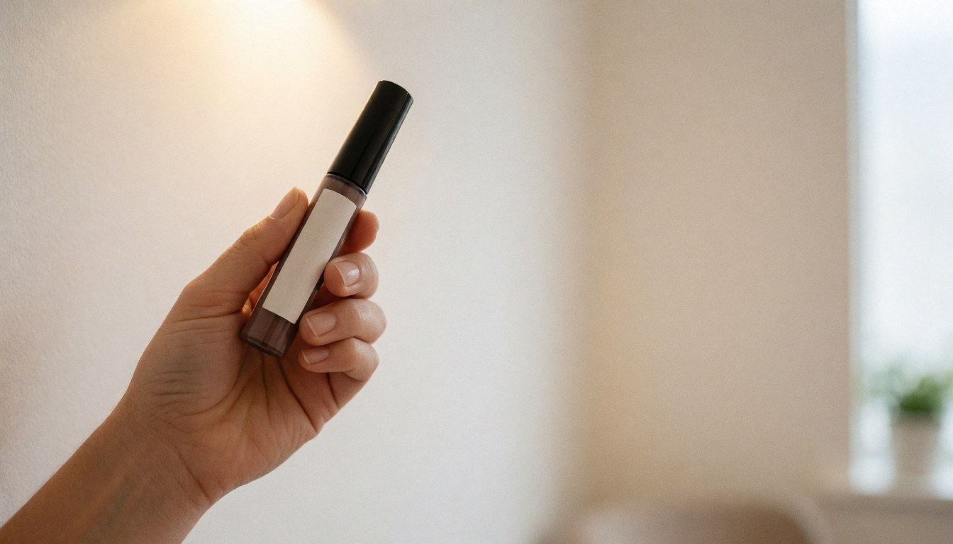 Close-up of a hand holding a cosmetic tube with a blank white label against a white wall, providing copy space for beauty product branding and eyelash extension services.