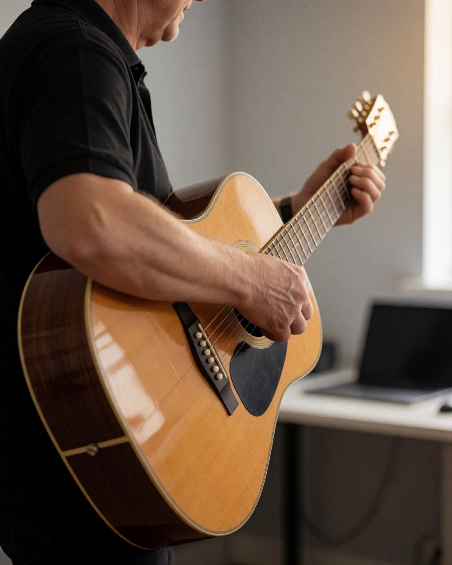 Close-up of hands playing an acoustic guitar during a music lesson with gray walls and natural light
