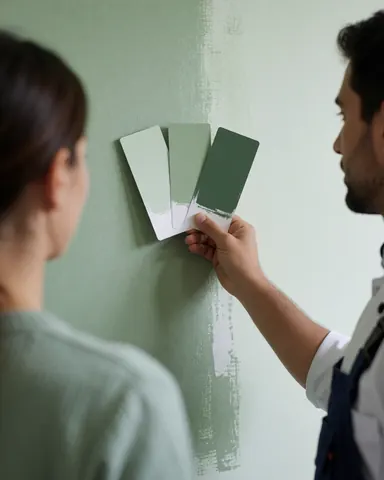 A painter holds up three green paint swatches against a freshly painted wall while discussing color options with a client.