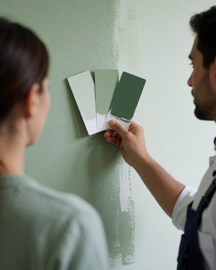 A painter holds up three green paint swatches against a freshly painted wall while discussing color options with a client.