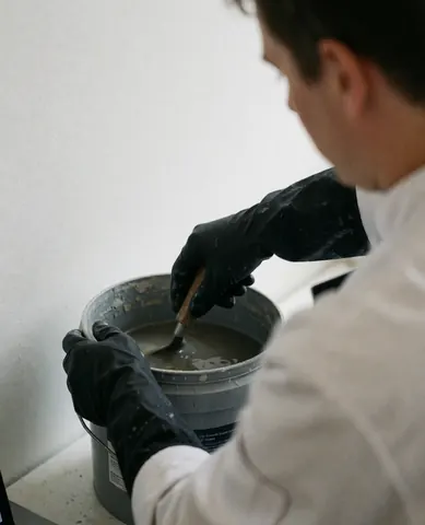 A worker wearing black gloves mixes a cleaning solution in a gray bucket against a white wall during industrial service.