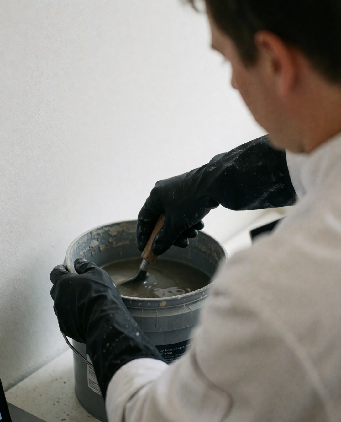 A worker wearing black gloves mixes a cleaning solution in a gray bucket against a white wall during industrial service.