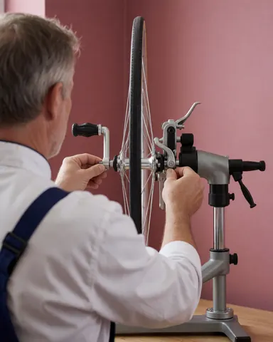 Close-up of a mechanic adjusting calipers on a bicycle wheel hub in a workshop with tools visible