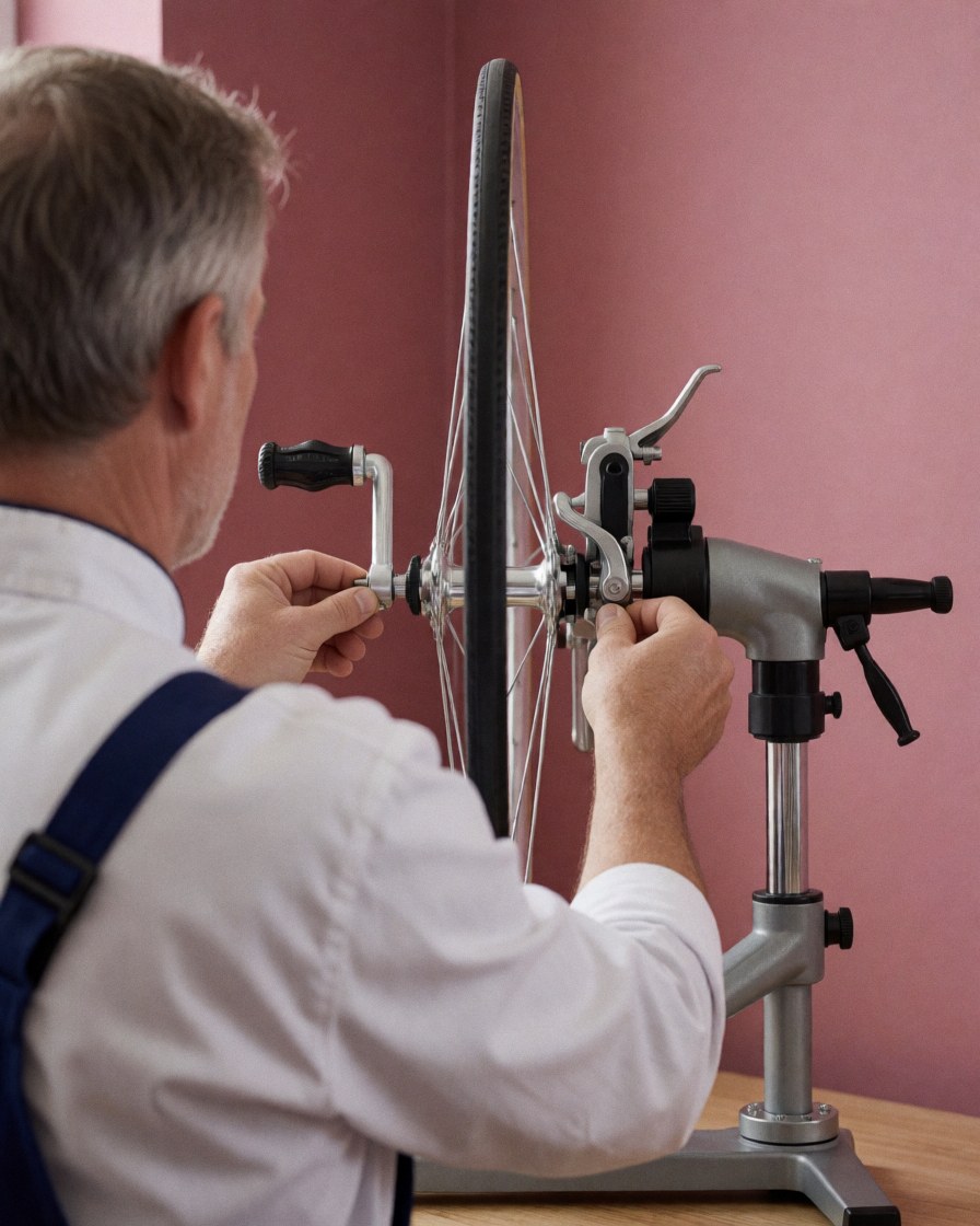 Close-up of a mechanic adjusting calipers on a bicycle wheel hub in a workshop with tools visible