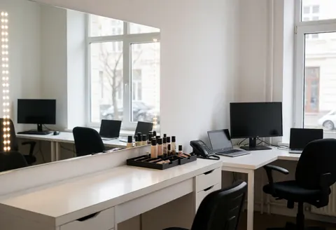 Large LED lighted mirror in a modern makeup studio with white table and organized products
