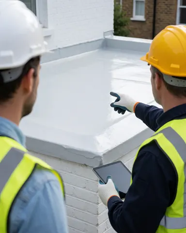 Two technicians in hard hats and safety vests inspect a newly waterproofed white flat roof, one pointing at the surface while the other holds a tablet.