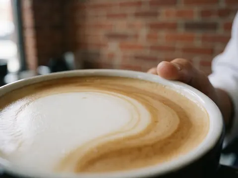 Close-up of creamy microfoam latte in a cup held by a hand inside a cafe with a brick wall background