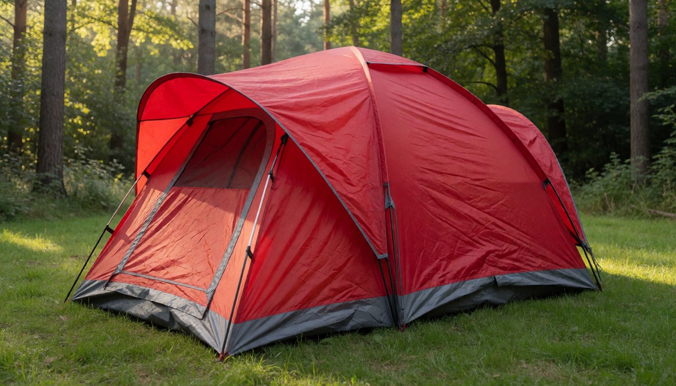 Red and gray camping tent in a forest clearing with morning light, ideal for outdoor activity website hero.