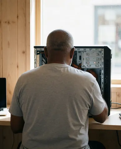 Technician working on computer repair in an office with wooden walls and natural light from a window