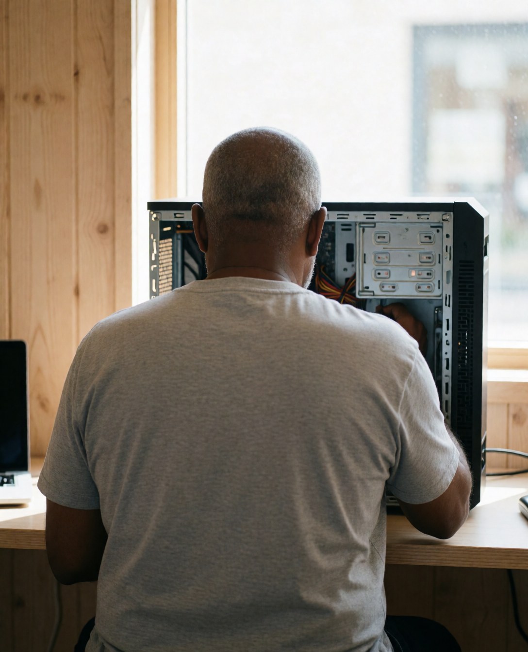 Technician working on computer repair in an office with wooden walls and natural light from a window