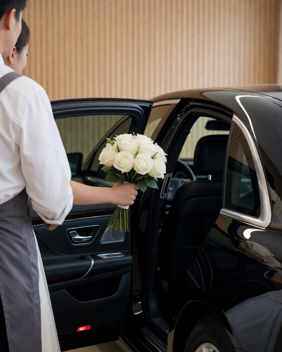 Assistant helps bride with white rose bouquet before entering black sedan, wedding planner service in action