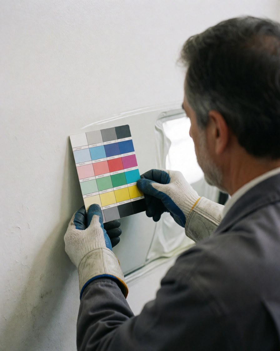 A technician wearing gloves compares a paint color sample card in an auto body shop.