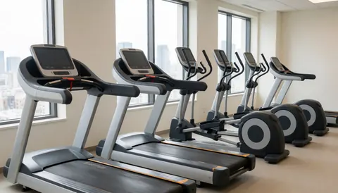 Treadmills and cardio equipment in a modern gym with a city view, ideal for fitness trainers