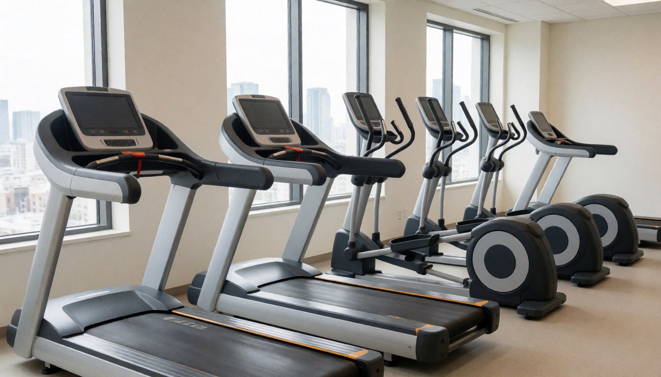 Treadmills and cardio equipment in a modern gym with a city view, ideal for fitness trainers