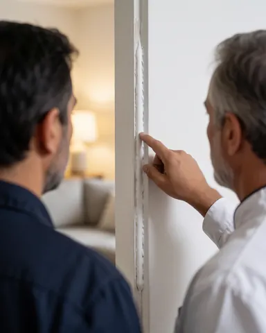 A professional technician applies window sealant to a glass pane in a warmly lit living room, demonstrating the repair service to a client.