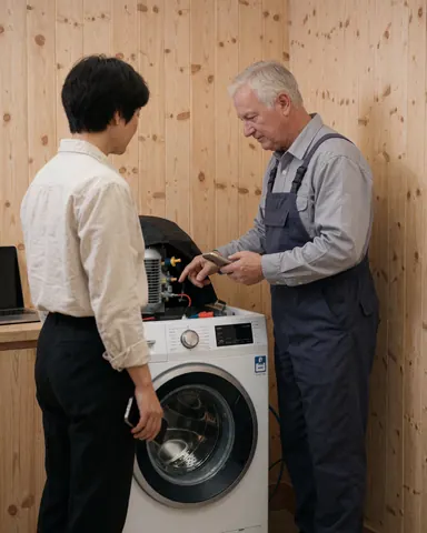 Technician in overalls explains washing machine repair to a customer holding a smartphone in a workshop with tools visible