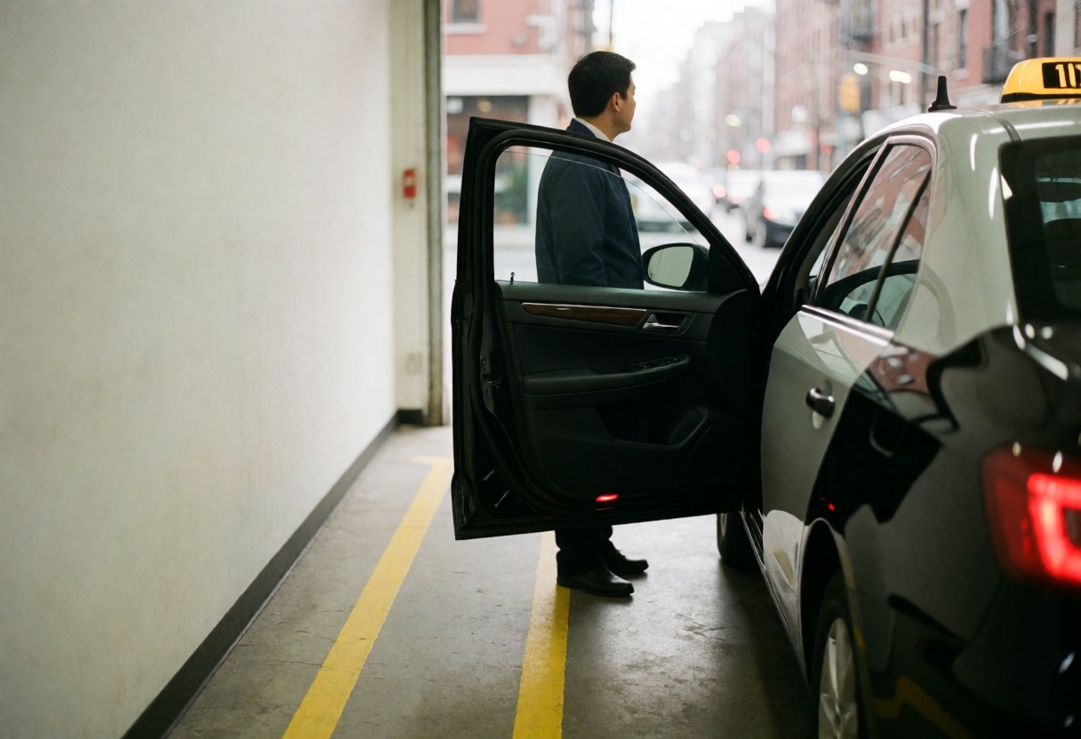 Taxi driver standing by open door in parking lot with yellow lines, ready for service