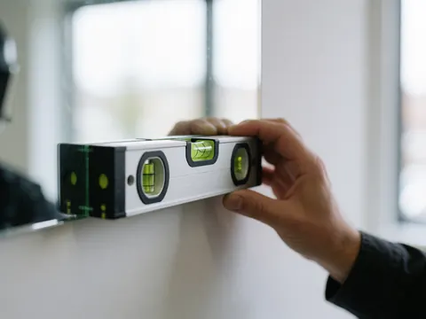 Hand holding a digital level on the edge of a mirror with a white wall reflection