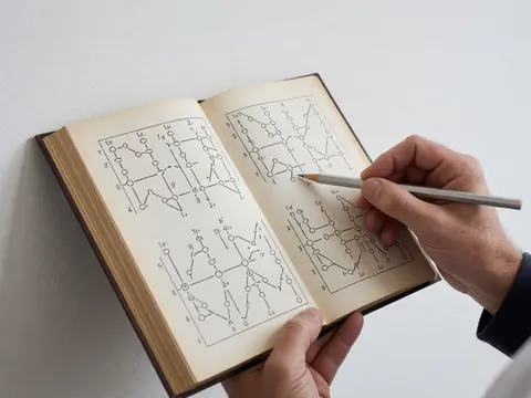 Close-up of a hand holding an open chess book with algebraic notation, a pencil pointing to a board diagram against a white background