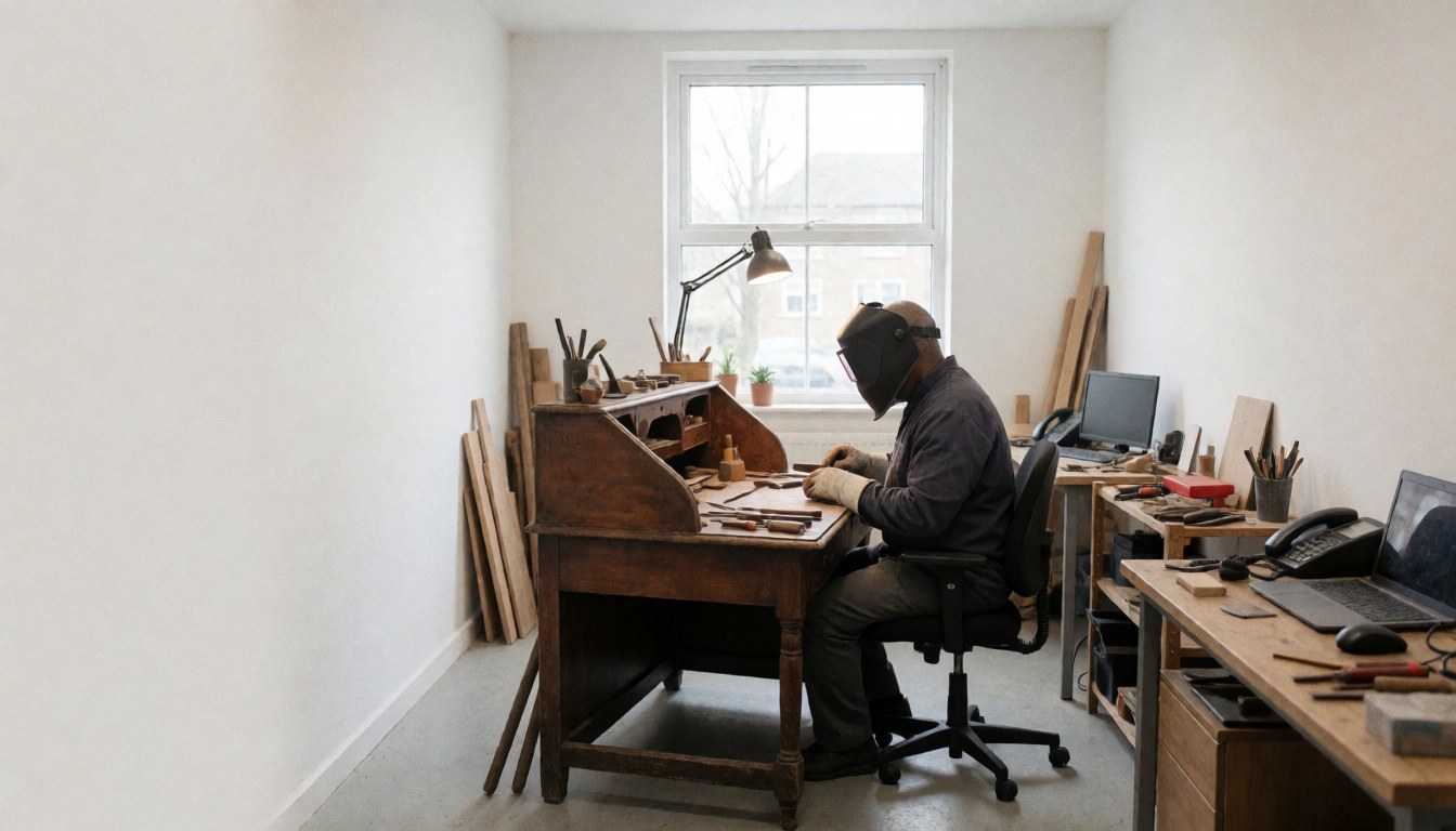 A craftsman works on an antique wooden desk in a well-lit workshop with tools and natural light.