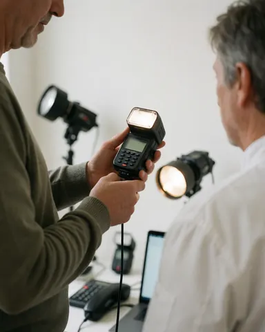 A man reviews camera flash controls during a photography workshop, with lighting equipment and a laptop visible in the background.