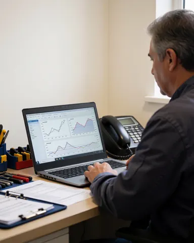Technician analyzing technical graphs on a laptop in an elevator repair office with tools and phone on the desk