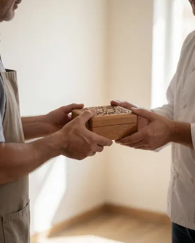 Close-up of hands holding a carved wooden box during delivery in a bright workshop with light walls