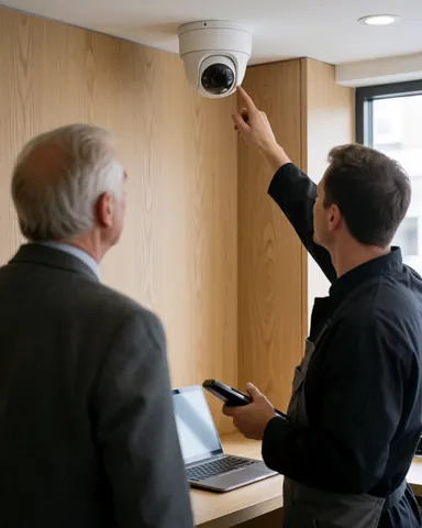 Technician installs a security camera in a store with wooden walls while a client observes the new equipment.