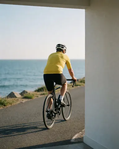 A cyclist wearing a white helmet and yellow jersey rides a road bike along a seaside path with a white wall nearby.
