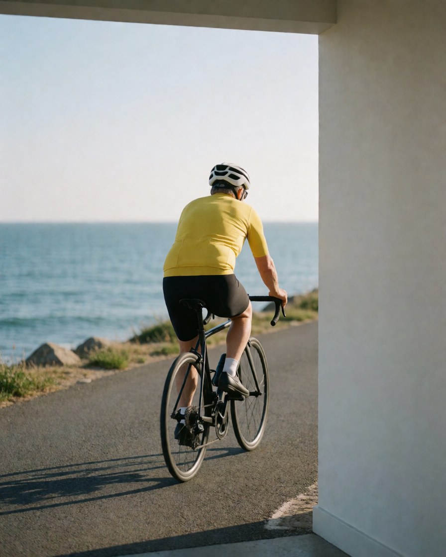 A cyclist wearing a white helmet and yellow jersey rides a road bike along a seaside path with a white wall nearby.