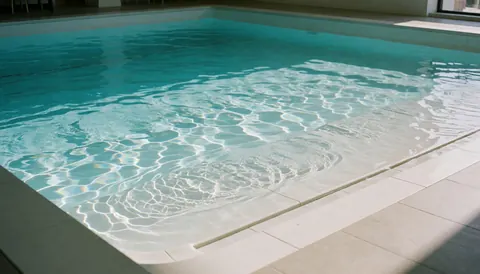 Turquoise water in an empty pool with gentle waves, white tile edges, and reflected sunlight, suitable for a website hero section