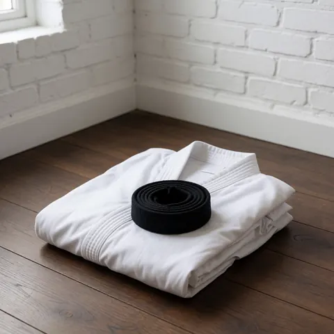 Folded white karate gi with black belt on wooden floor against white brick wall