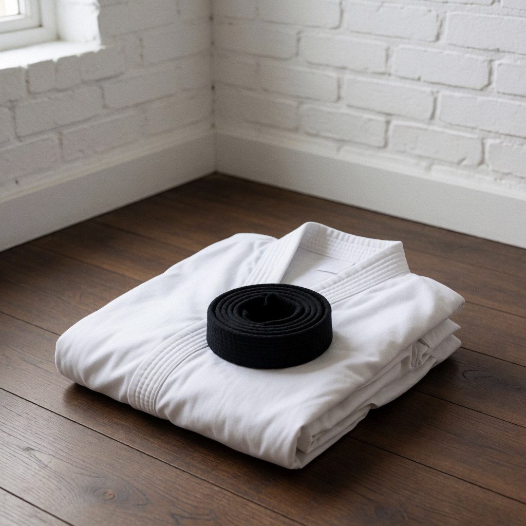 Folded white karate gi with black belt on wooden floor against white brick wall