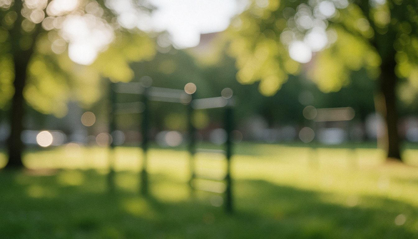 Green park background featuring a workout bar, soft sunset light, and blurred bokeh effect, suitable for personal training services