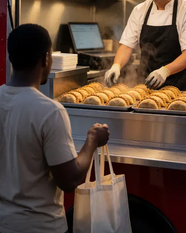 Happy customer holding a bag while eating hot empanadas from a food truck with steam rising and a laptop visible in the background.