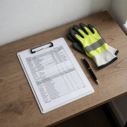 clipboard with cargo manifest on wooden desk, safety gloves and black pencil, logistics scene