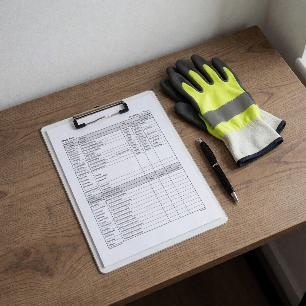 clipboard with cargo manifest on wooden desk, safety gloves and black pencil, logistics scene
